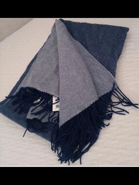Casper Reversible Navy Wool Fringe Throw Blanket -